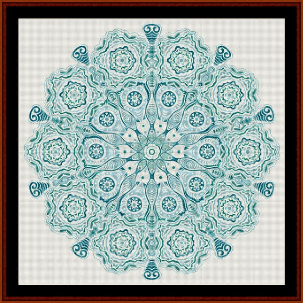 Decorative mandala Counted Cross Stitch Pattern by Cross Stitch Collectibles with teal and white colors on a white background