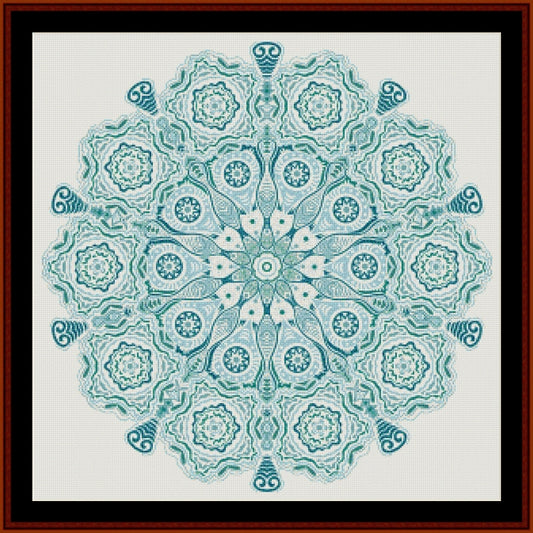 Decorative mandala Counted Cross Stitch Pattern by Cross Stitch Collectibles with teal and white colors on a white background
