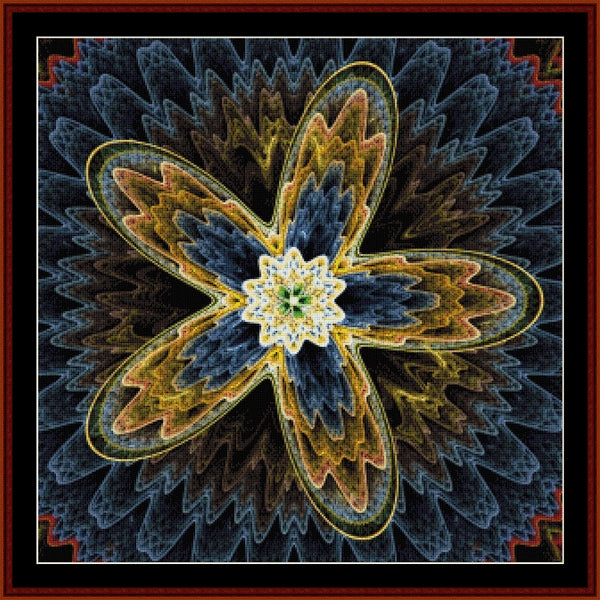 Fractal Counted Cross Stitch Pattern by Cross Stitch Collectibles with intricate patterns in blue, yellow, and white on a dark background.