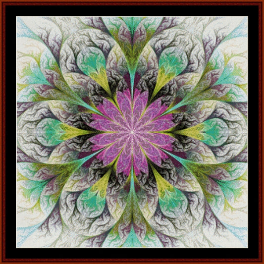 Mandala Counted Cross Stitch Pattern by Cross Stitch Collectibles with a central purple flower-like pattern surrounded by green and gray petals.