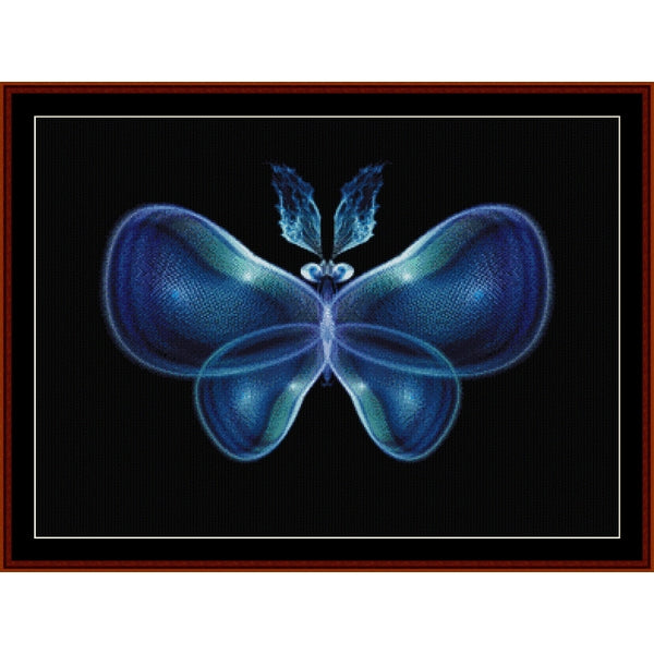 Blue butterfly Counted Cross Stitch Pattern by Cross Stitch Collectibles on a black background