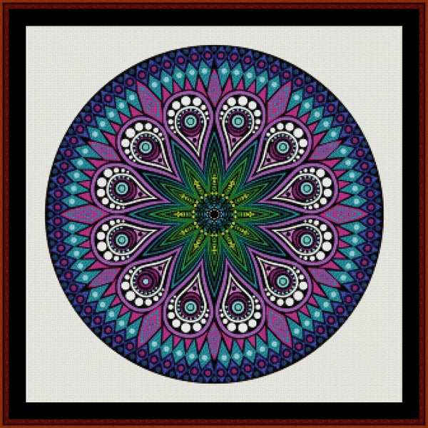Colorful mandala Counted Cross Stitch Pattern by Cross Stitch Collectibles on a white background 