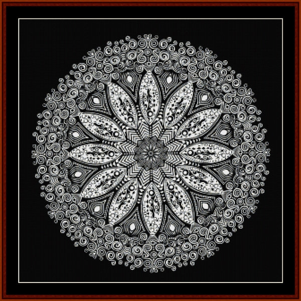 Black and white intricate mandala Counted Cross Stitch Pattern by Cross Stitch Collectibles on a dark background