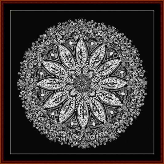 Black and white intricate mandala Counted Cross Stitch Pattern by Cross Stitch Collectibles on a dark background