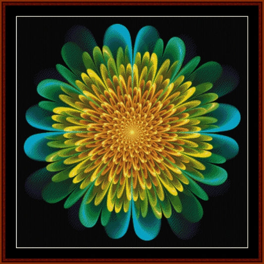 Colorful flower-like Counted Cross Stitch Pattern by Cross Stitch Collectibles with green and yellow petals on a black background