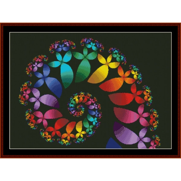 Colorful spiral Counted Cross Stitch Pattern by Cross Stitch Collectibles with flowers on a black background