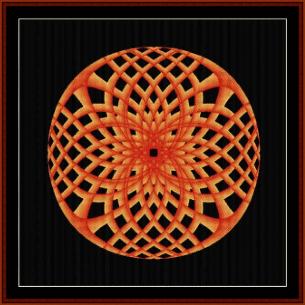 Geometric circular Counted Cross Stitch Pattern by Cross Stitch Collectibles with orange and black colors on a black background
