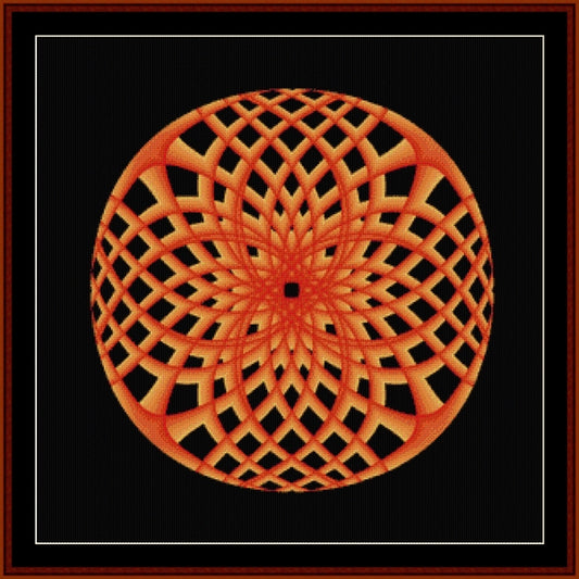 Geometric circular Counted Cross Stitch Pattern by Cross Stitch Collectibles with orange and black colors on a black background