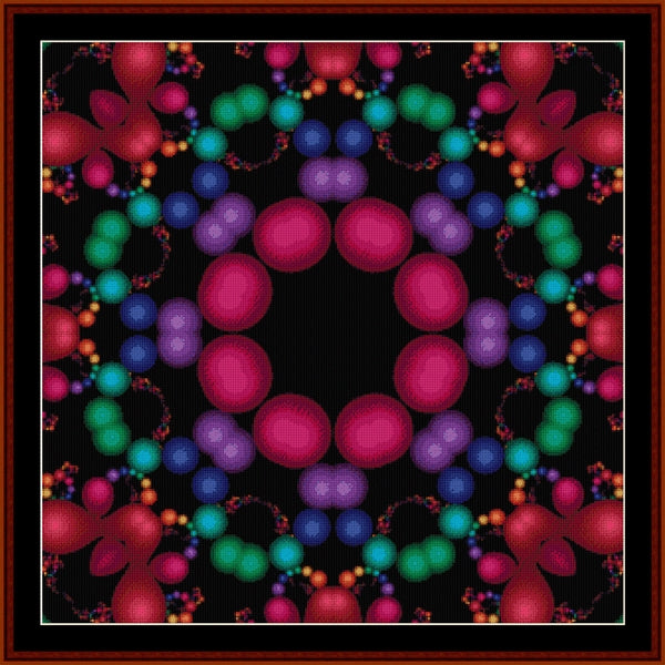 Colorful spherical Counted Cross Stitch Pattern by Cross Stitch Collectibles on a black background 