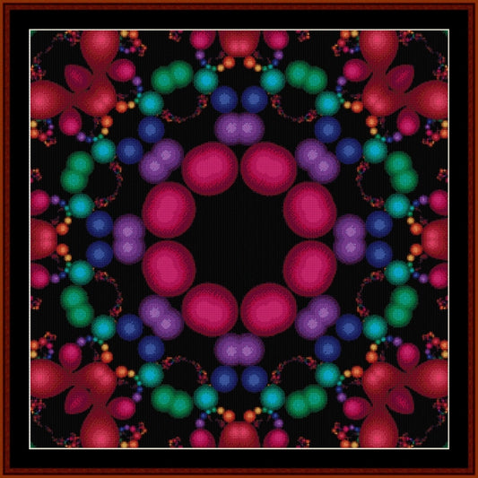 Colorful spherical Counted Cross Stitch Pattern by Cross Stitch Collectibles on a black background 