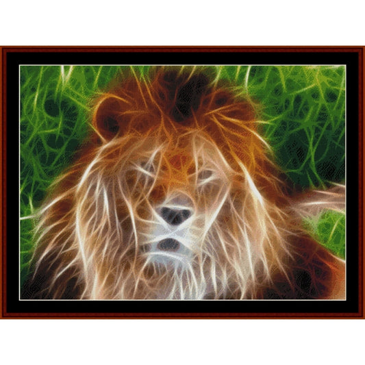 Counted Cross Stitch Pattern by Cross Stitch Collectibles of a lion with a green leafy background