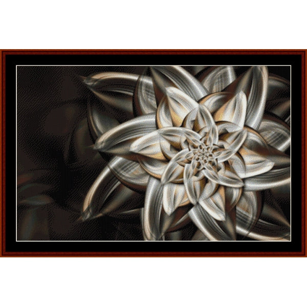 Counted Cross Stitch Pattern by Cross Stitch Collectibles with a metallic flower design on a dark background.