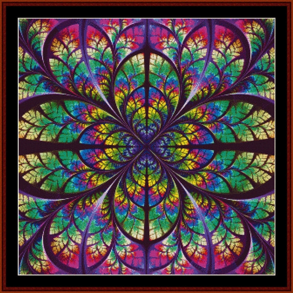 Colorful mandala Counted Cross Stitch Pattern by Cross Stitch Collectibles with a star-like pattern in a square frame.