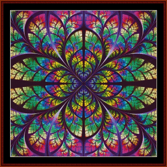 Colorful mandala Counted Cross Stitch Pattern by Cross Stitch Collectibles with a star-like pattern in a square frame.