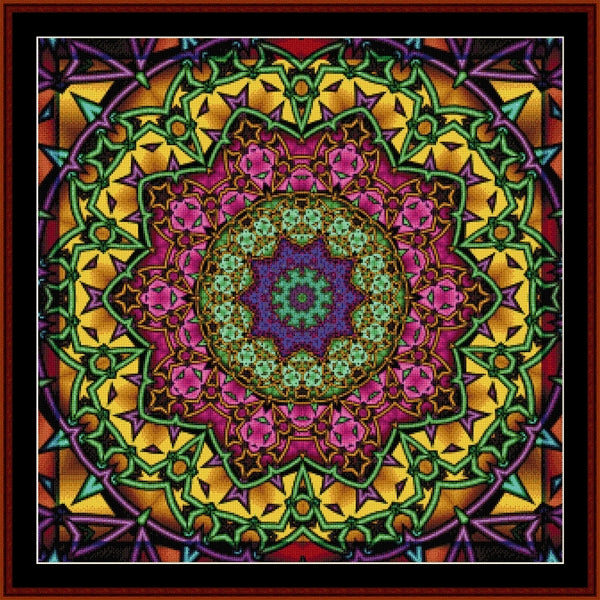Colorful mandala Counted Cross Stitch Pattern by Cross Stitch Collectibles with intricate patterns in a square frame