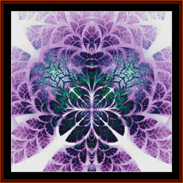 Mandala Counted Cross Stitch Pattern by Cross Stitch Collectibles with purple and green colors on a white background