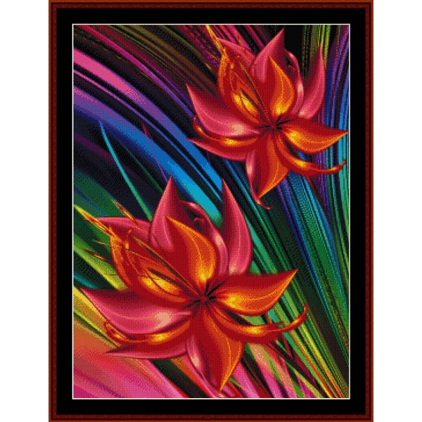 Colorful floral Counted Cross Stitch Pattern by Cross Stitch Collectibles with vibrant red and pink flowers on a dark background