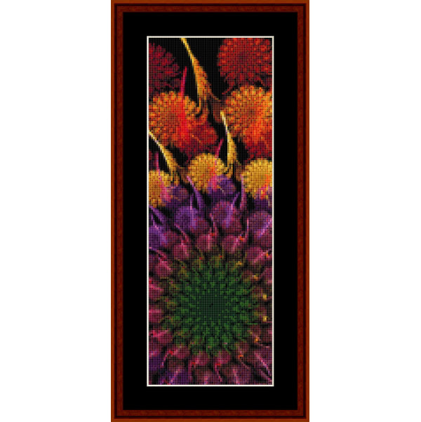 Colorful abstract Counted Cross Stitch Pattern by Cross Stitch Collectibles in a wooden frame