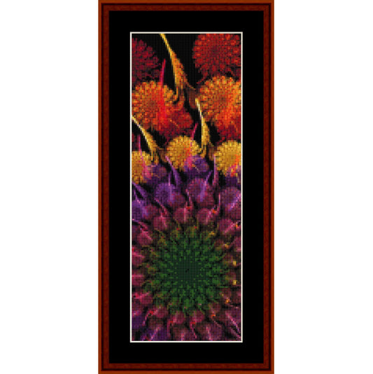 Colorful abstract Counted Cross Stitch Pattern by Cross Stitch Collectibles in a wooden frame