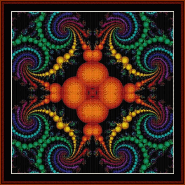 Colorful abstract Counted Cross Stitch Pattern by Cross Stitch Collectibles with orange central figure and swirling patterns on a black background
