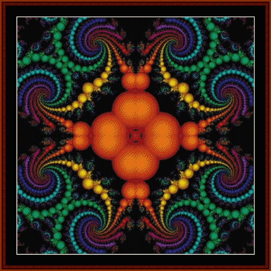 Colorful abstract Counted Cross Stitch Pattern by Cross Stitch Collectibles with orange central figure and swirling patterns on a black background