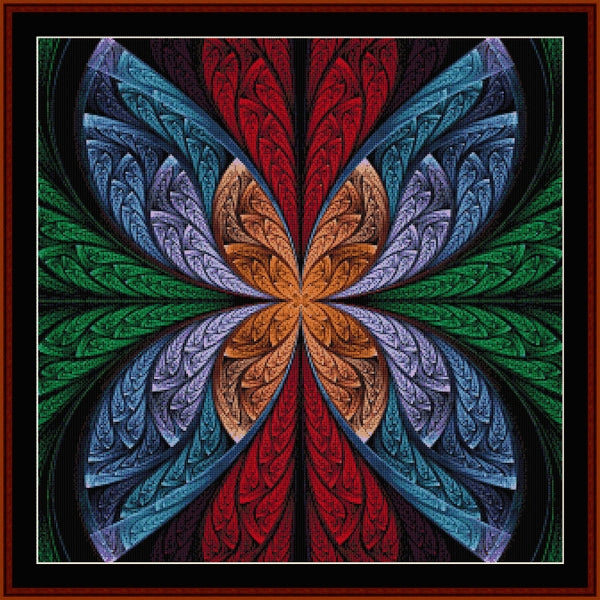 Colorful abstract Counted Cross Stitch Pattern by Cross Stitch Collectibles with a floral pattern in a circular arrangement.