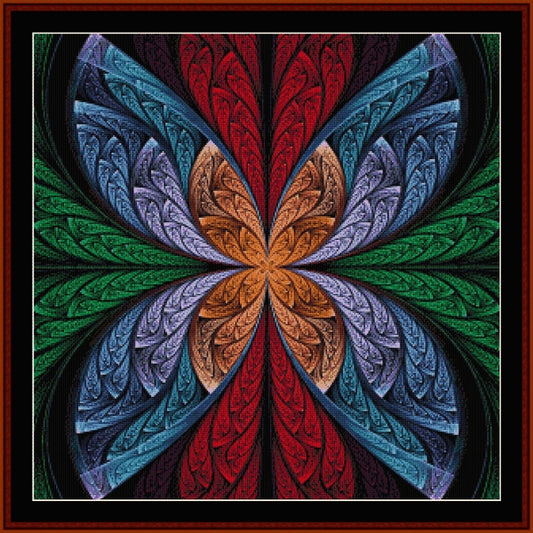 Colorful abstract Counted Cross Stitch Pattern by Cross Stitch Collectibles with a floral pattern in a circular arrangement.