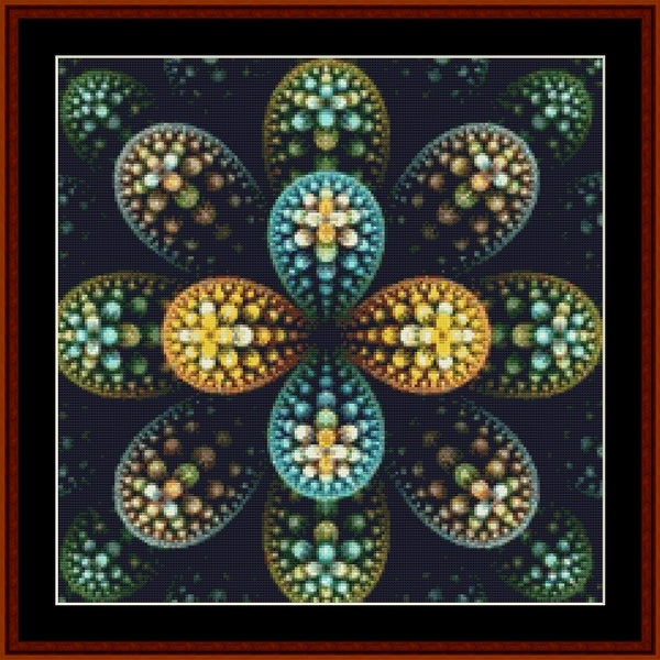 Decorative mandala Counted Cross Stitch Pattern by Cross Stitch Collectibles with colorful patterns on a dark background