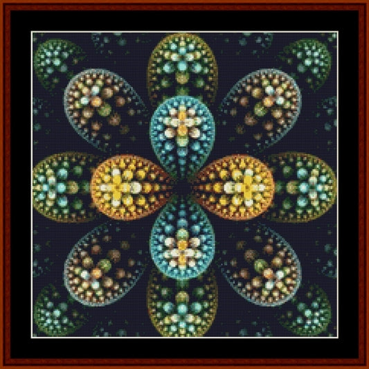Decorative mandala Counted Cross Stitch Pattern by Cross Stitch Collectibles with colorful patterns on a dark background