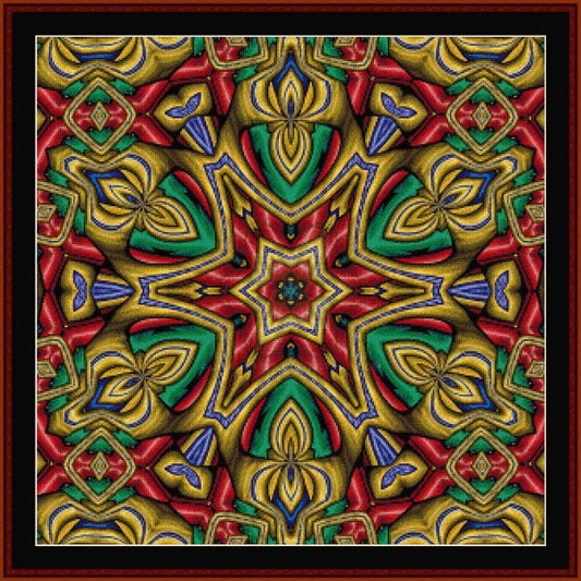 Colorful geometric Counted Cross Stitch Pattern by Cross Stitch Collectibles with a star-like center on a textured background
