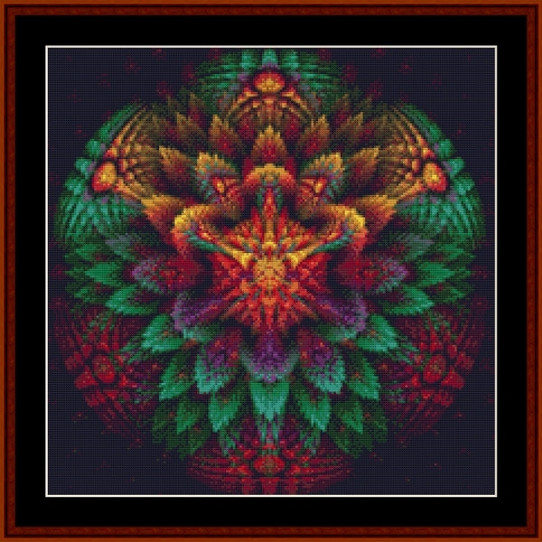 Colorful mandala Counted Cross Stitch Pattern by Cross Stitch Collectibles with intricate patterns on a dark background