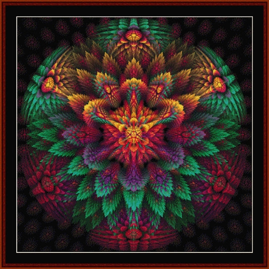 Colorful mandala Counted Cross Stitch Pattern by Cross Stitch Collectibles with intricate patterns on a dark background