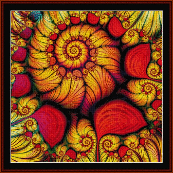 Colorful abstract Counted Cross Stitch Pattern by Cross Stitch Collectibles with red, yellow, and green colors.