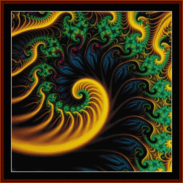 Colorful fractal Counted Cross Stitch Pattern by Cross Stitch Collectibles with swirling patterns in yellow, green, and blue on a black background.