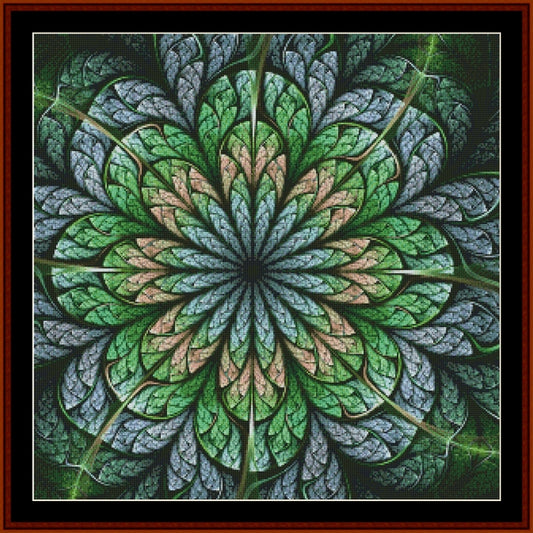Mandala Counted Cross Stitch Pattern by Cross Stitch Collectibles with green and blue colors on a dark background