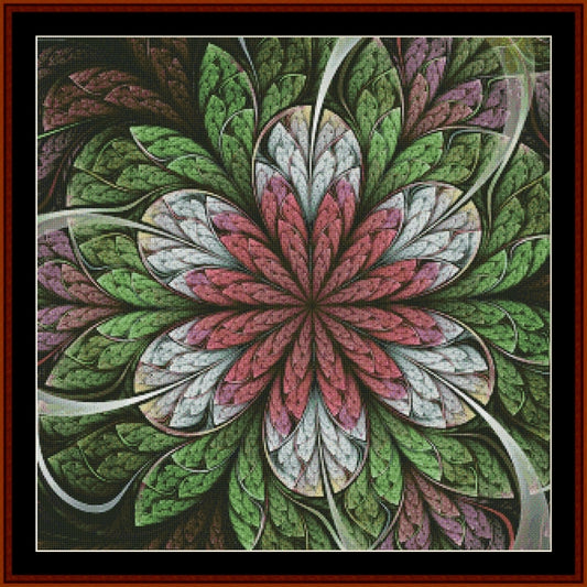 Mandala Counted Cross Stitch Pattern by Cross Stitch Collectibles with green, pink, and white colors on a dark background