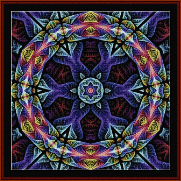 Colorful abstract Counted Cross Stitch Pattern by Cross Stitch Collectibles with intricate patterns and a central star-like shape.