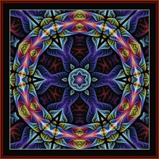 Colorful abstract Counted Cross Stitch Pattern by Cross Stitch Collectibles with intricate patterns and a central star-like shape.