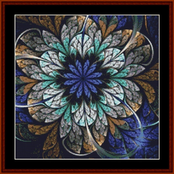 Mandala Counted Cross Stitch Pattern by Cross Stitch Collectibles with blue and green colors on a dark background