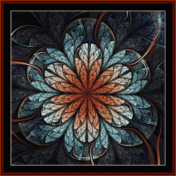 Decorative mandala with blue and orange colors on a dark background Counted Cross Stitch Pattern by Cross Stitch Collectibles