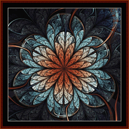 Decorative mandala with blue and orange colors on a dark background Counted Cross Stitch Pattern by Cross Stitch Collectibles