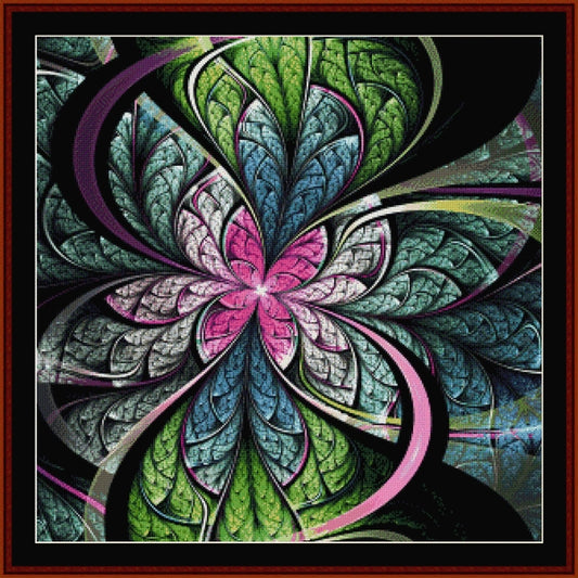 Colorful abstract flower Counted Cross Stitch Pattern by Cross Stitch Collectibles with green, pink, and blue colors on a black background.