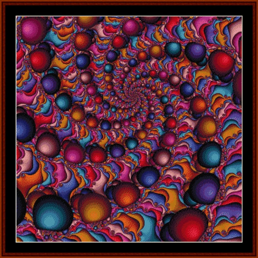 Colorful abstract spiral Counted Cross Stitch Pattern by Cross Stitch Collectibles with spherical shapes and vibrant colors.