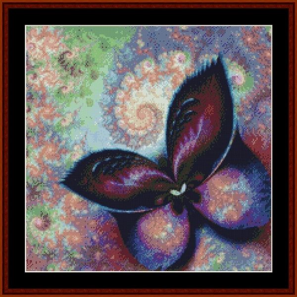 Counted Cross Stitch Pattern by Cross Stitch Collectibles of a purple butterfly with a colorful abstract background