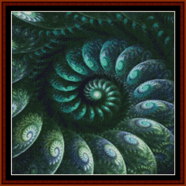 Counted Cross Stitch Pattern by Cross Stitch Collectibles resembling a spiral design with teal and green colors.