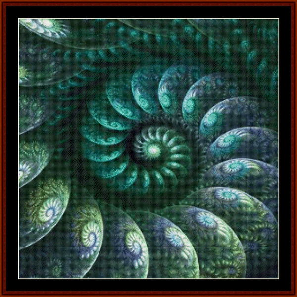 Fractal Counted Cross Stitch Pattern by Cross Stitch Collectibles with green and blue spiral patterns