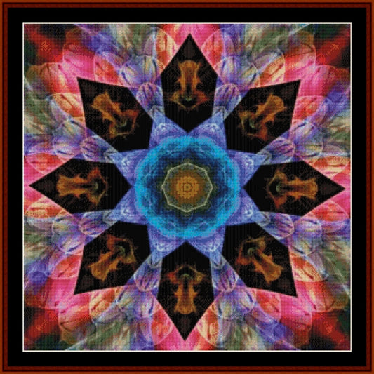 Colorful geometric Counted Cross Stitch Pattern by Cross Stitch Collectibles with a central blue circle on a black background