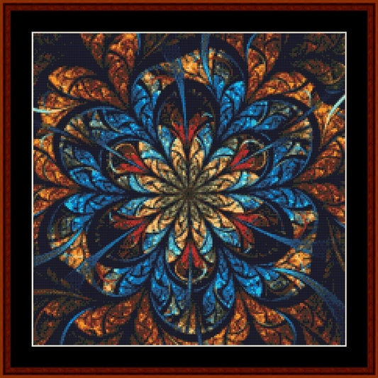 Colorful mandala Counted Cross Stitch Pattern by Cross Stitch Collectibles with blue, orange, and red colors