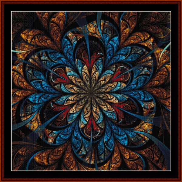 Mandala Counted Cross Stitch Pattern by Cross Stitch Collectibles with blue and orange colors