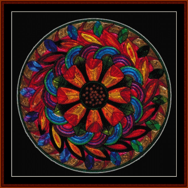 Colorful mandala Counted Cross Stitch Pattern by Cross Stitch Collectibles on a black background